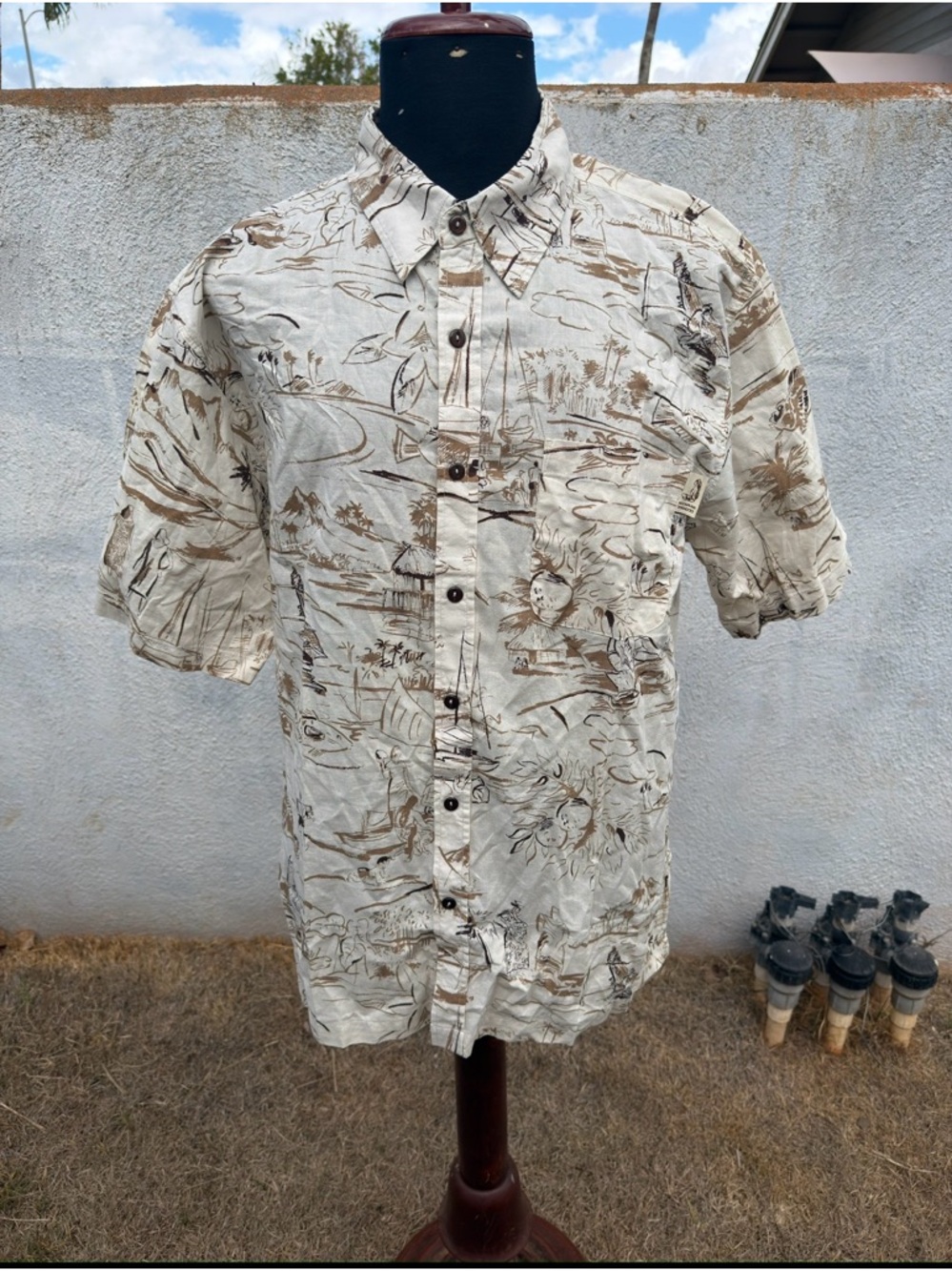 New Hinano Tahiti Back In The Day  Hawaiian Shirt Beige Full Button  Men's XL